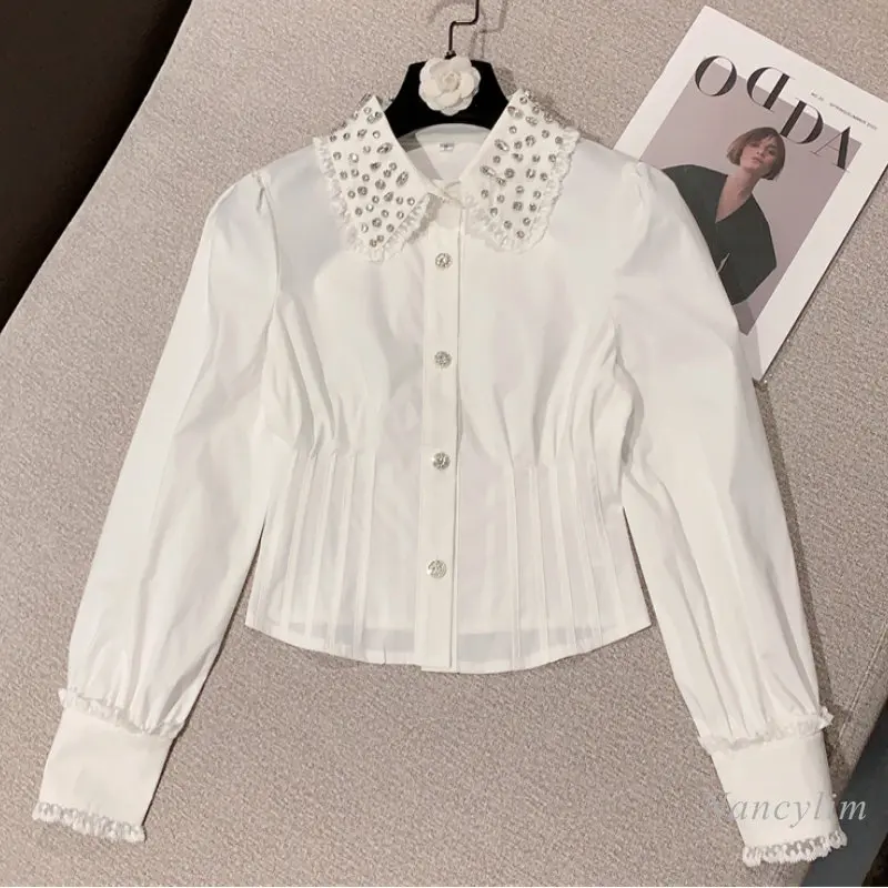 

2023 Spring and Summer High Waist White Shirt for Women New High-Grade Rhinestone Doll Collar Slim Fit Blouses Long Sleeve Top
