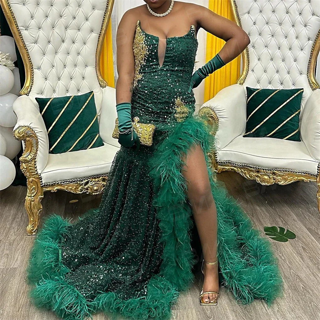 

Green Mermaid Prom Dresses With High Slit Luxury Feathers Tail Strapless Evening Dress For Formal Occasion Robes De Soirée 2024