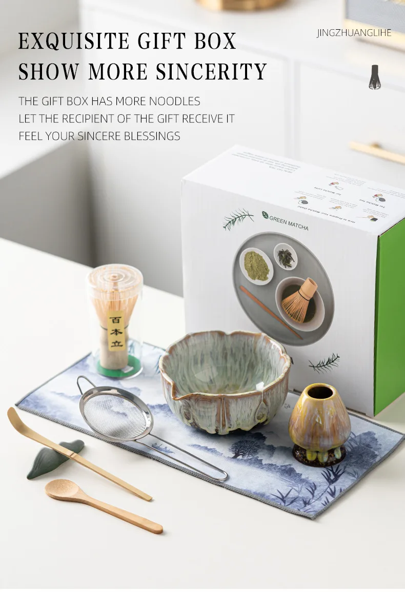 Petal Matcha Set 8 Pcs KilnChange Glazed Matcha Kit with Matcha Bowl Whisk Spouted Tools Handcrafted Ceremony luxury Gift Box