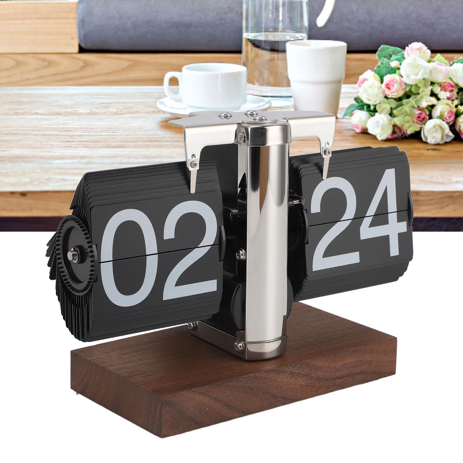 Flip Desk Clock Auto Mechanical Flip 24H Wood Base Stainless Steel Vintage Retro Digital Table Clock for Home Office