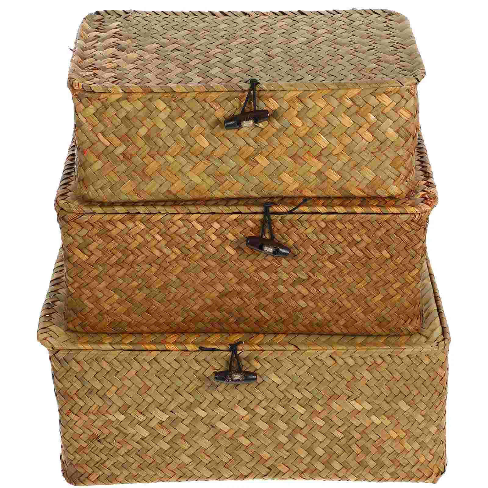

3Pcs Handwoven Natural Seagrass Nesting Large Storage Bin With Lid Woven Organizer Bins Storage Box With Button and Lid for