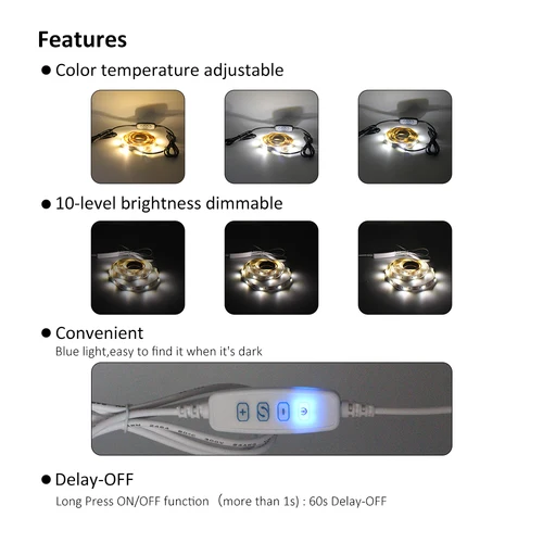 스위치 포함 LED 조광기, 1.5m USB 케이블, 조도 조절 원격 제어, 2 핀 3 핀 연장 와이어, 단일 2 3 색 CCT LED 조명용 DC 5V 3