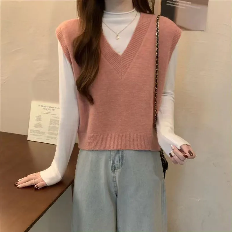 Xpqbb Spring Autumn New V-neck Knitted Vest Women Vintage Sleeveless Sweater Waistcoat Female Korean Chic Cropped Knit Tops 5