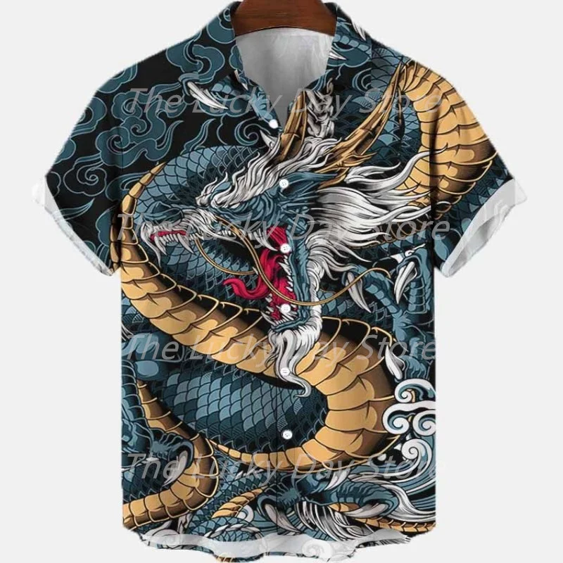 

2023 Summer Men's Social Casual Vintage Floral Hawaiian Oversize Short Sleeve Shirt Street Luxury Dragon Pattern Element Clothe