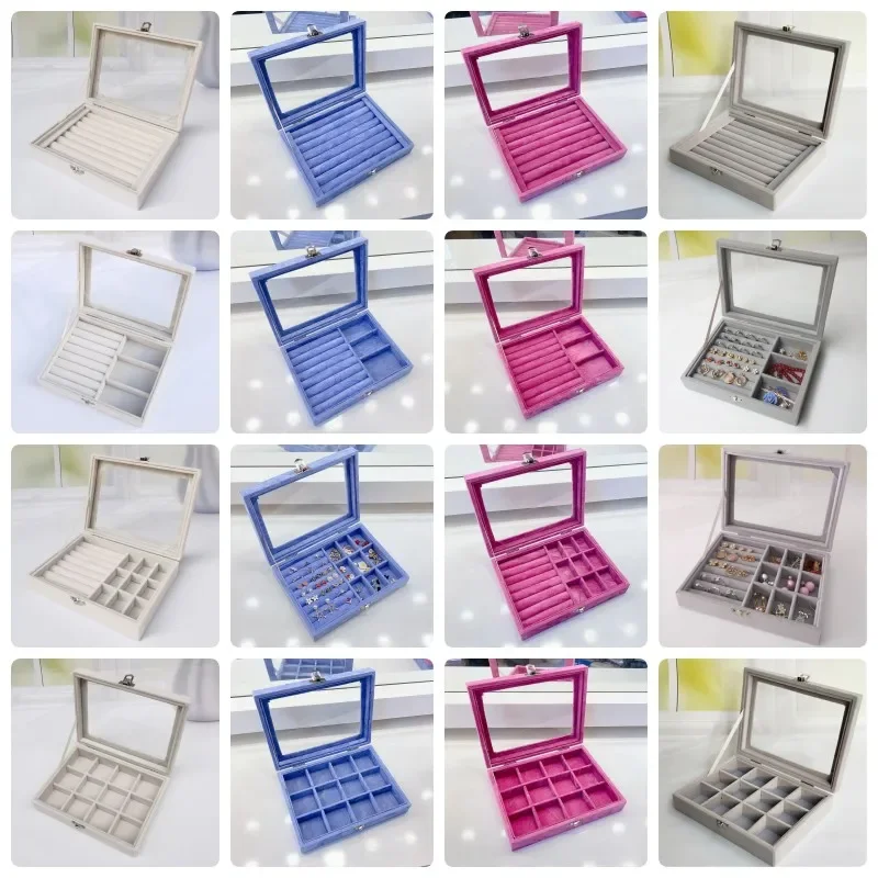 

Velvet Jewelry Display Box with Glass Lid 20*15*5cm Flocking Jewelry Organizer for Ring/Earring/Bracelet/Necklace Storage Case