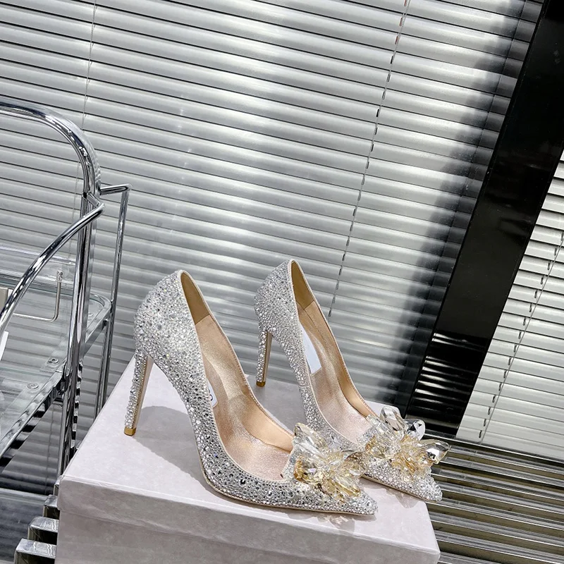 

JC Best Quality Cinderella Crystal Real Leather High Heels Shones Designer Wedding Banquet Luxury Sexy Sandal Casual Fashion