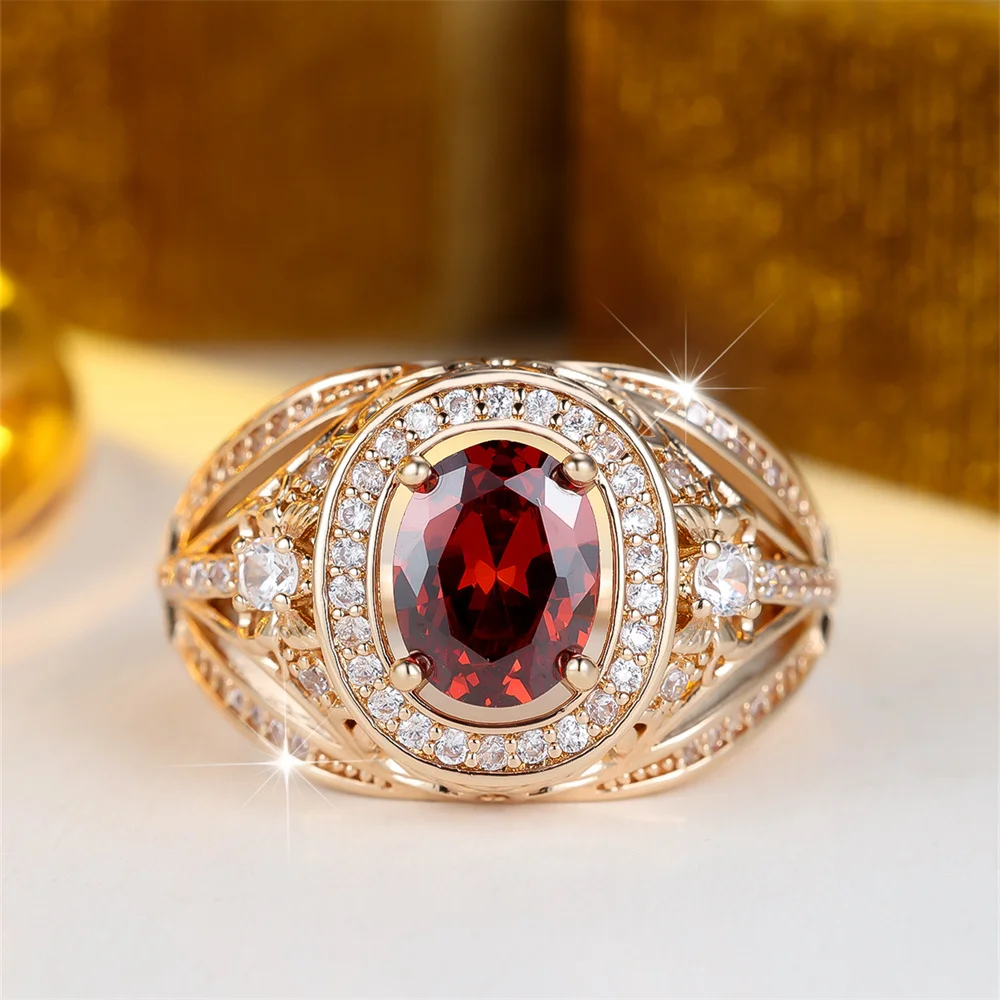 Red Crystal Big Oval Egg Shape Stone Rings For Women Vintage Gold Color Engagement Ring Wedding Jewelry Bridal Versatile Gifts