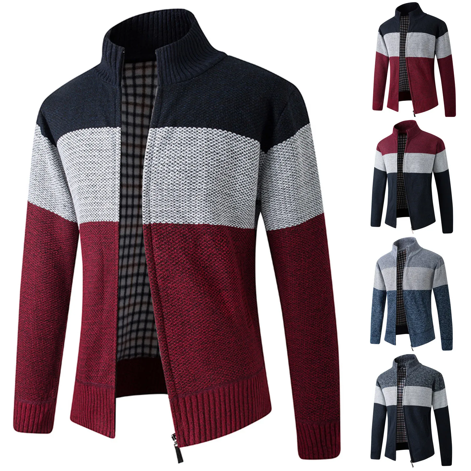 

Men Winter Stripe Trench Coat 2023 Knit Sweater Jacket Fleece Wind Breaker Warm Turn-down Hoodies Zipper Cardigan Male Overcoat