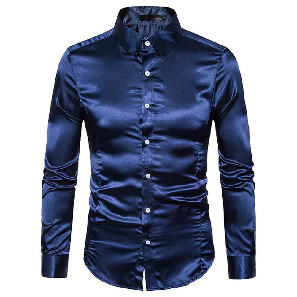 

Luxury Shirts And Blouses For Men Satin Shiny Solid Color Formal Business Long Sleeve Single Breasted Social Tops Shirt Clothing