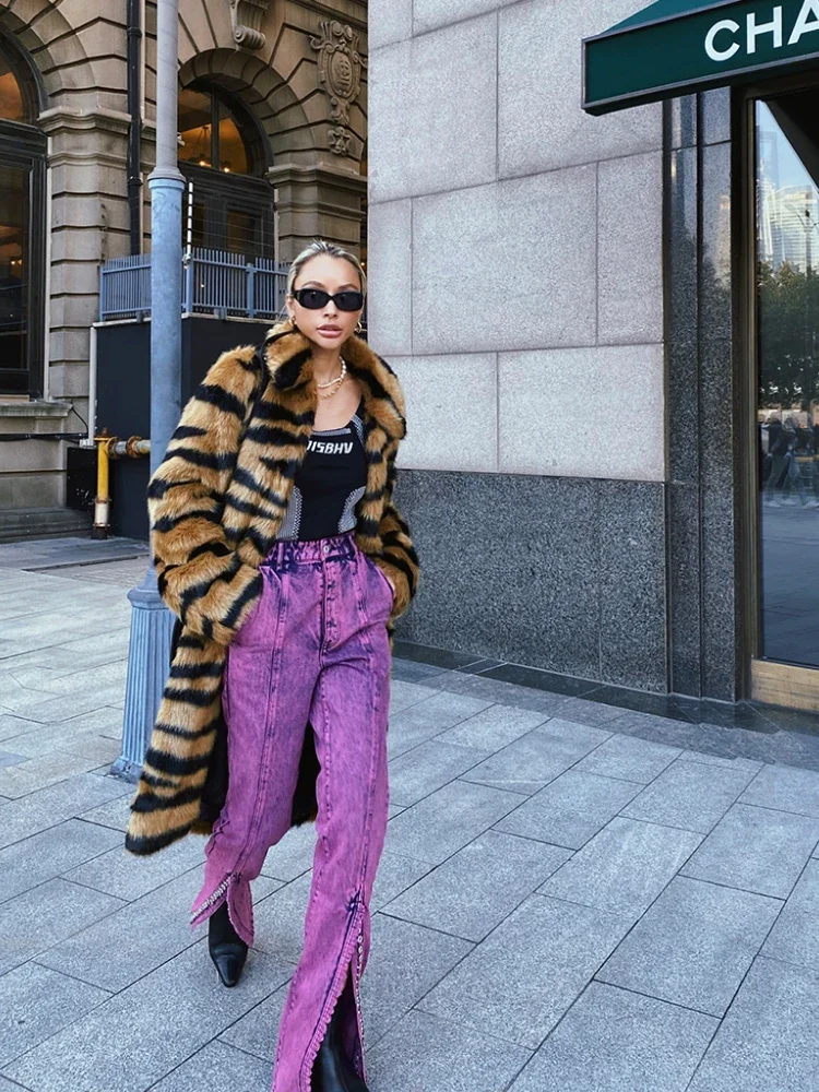 Luxury Brand Faux Fur Coat Women Long Fur Jacket Winter Tiger