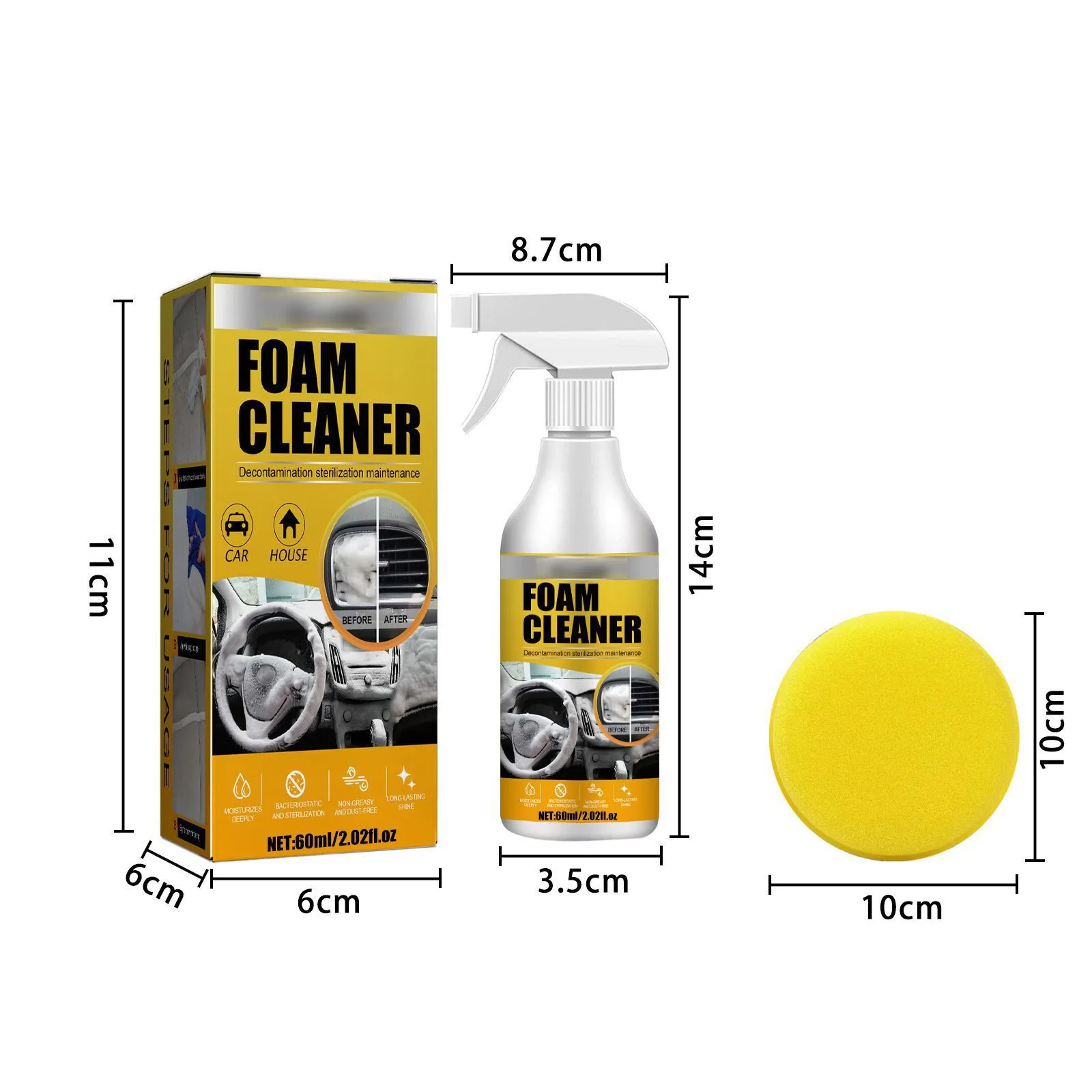 Car Interior Foam Cleaner Water-free Decontamination Seat Ceiling Instrument Panel Foam Cleaner 60ml