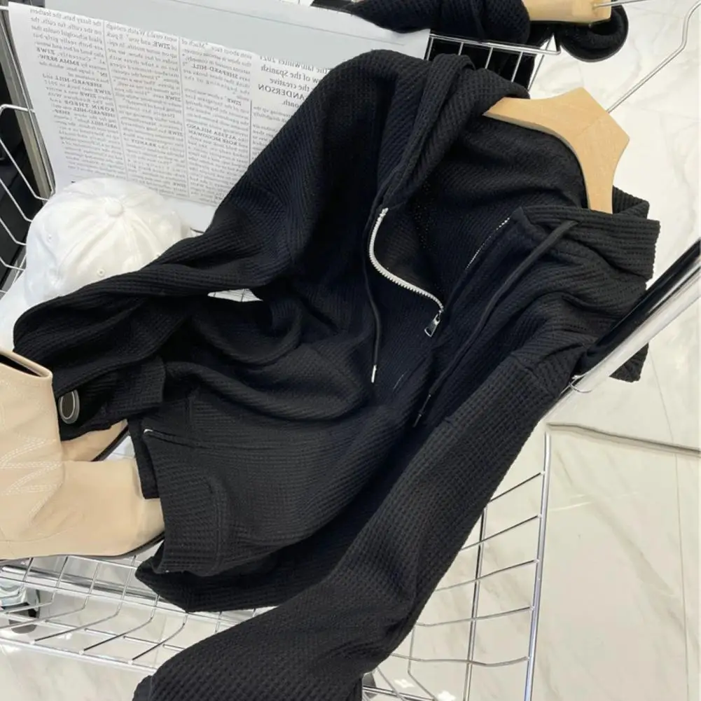 

Women Hoodie Coat Stylish Women's Waffle Texture Hoodie Cardigan with Drawstring Pockets Zipper Placket for Spring Autumn Hooded