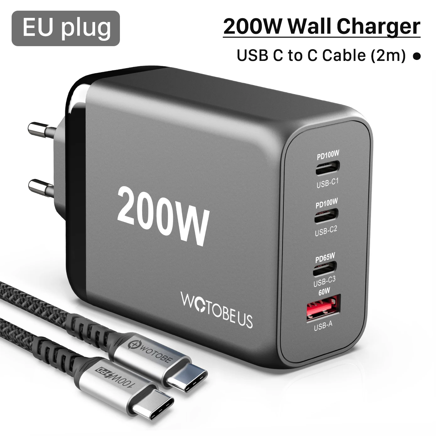 200W GaN 3 Pro USB-C Fast Charger, WOTOBEUS 4-port PD100W PPS 65W