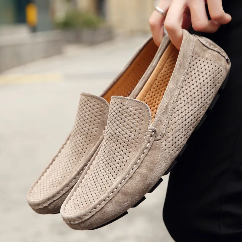 

2022 Genuine Leather Mens Summer shoes breathable Cool Slip On Casual shoes Fashion Hollow Out Loafers Comfortable Driving shoes