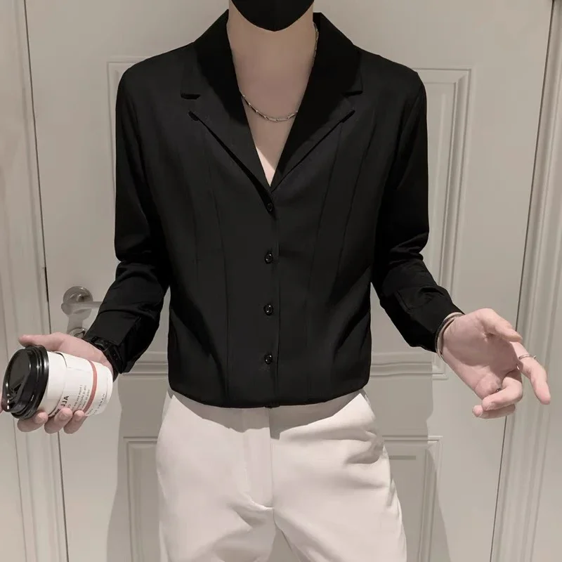 

New Men V-Neck Dress Shirt Luxury Long Sleeve Solid Color Male Slim Korean Shirts Top Fashion Brand Social Mens Designer Clothes