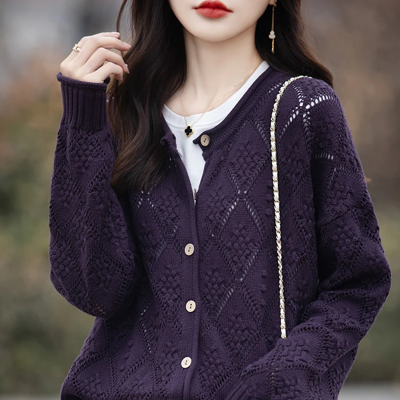 여성용 싱글 브레스트 스웨터 재킷, 라운드넥 할로우 블라우스, 캐주얼 상의, 코튼 니트웨어, 용수철, 가을, 100%