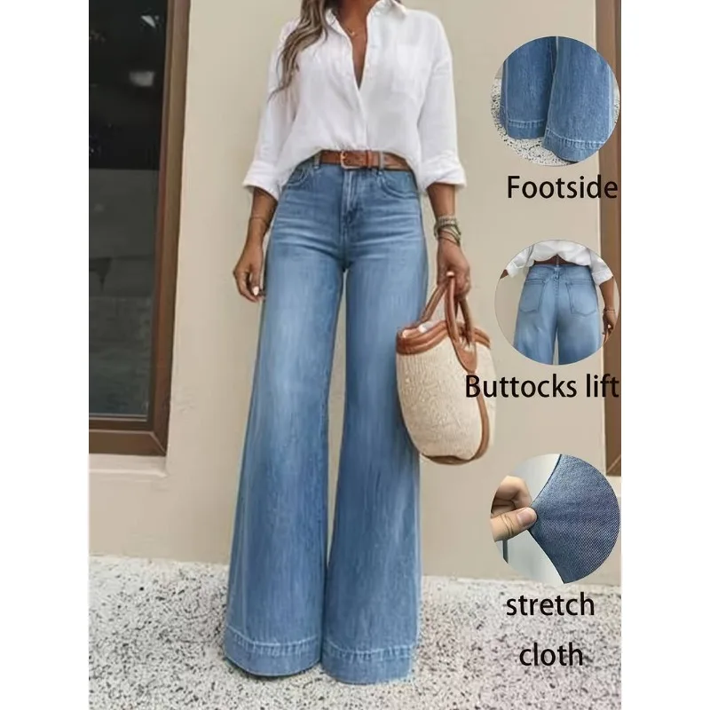 Jean large taille haute décontracté pour femme, style urbain bleu, coupe ample, en denim élastique, confortable, effet délavé 2026
