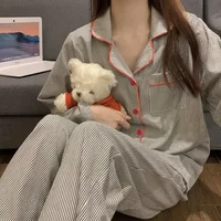Pajamas Women Long Sleeve Trousers Summer Grey Cardigan Striped Sleepwear Loungewear Two Piece Set Ladies Nightwear Homewear