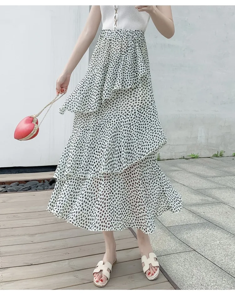 Summer Skirts Womens 2022 New Polka Dots Floral Print Chiffon Pleated Skirt Irregular Cake Skirt Casual Midi Skirt Women Clothes hoop skirt