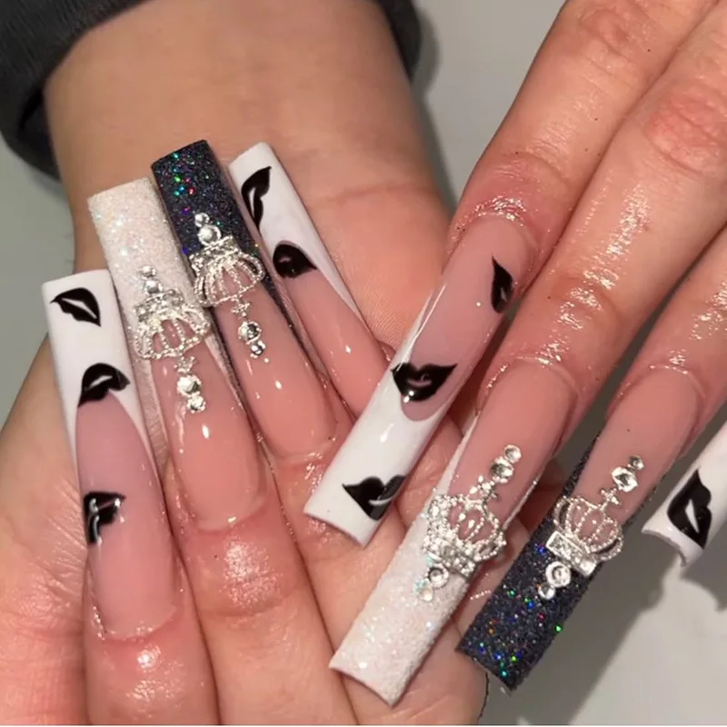 

Press on nails NEW Long Ballet Black white lip printing The Hot-Selling on AMZ Ins Wholesale For Young and Ladies