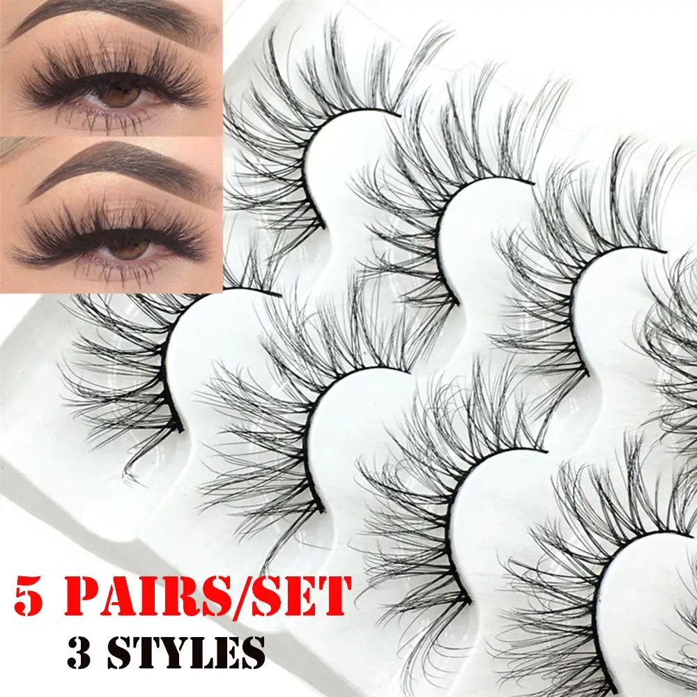 

SKONHED 5 Pairs 3D Faux Mink Hair False Eyelashes Natural Long Full Volume Wispies Classic Handmade Eyelashes Extension