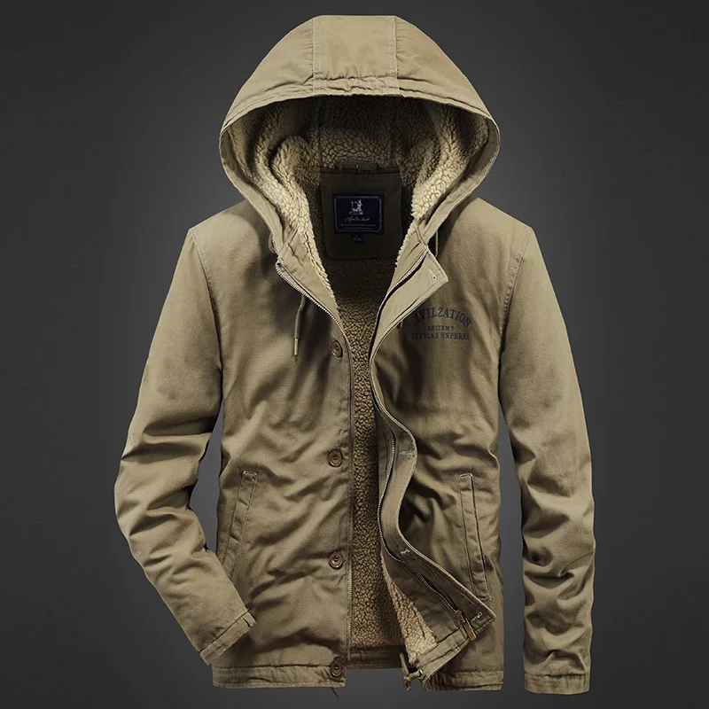 Winter Men's Plush Thickened Hooded Cotton Jacket Fashion Solid Color Casual Versatile Warm Windproof Workwear Cotton Coat