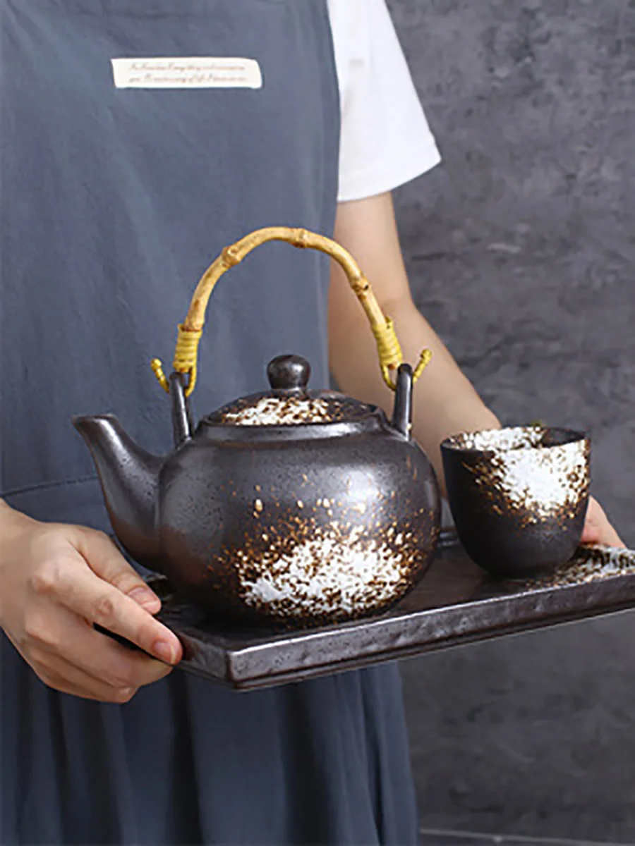 Ceramic Tea Kettle with Rattan Handle, Hand-painted Teapots Infuser, Kung Fu Puer Ceremony Service, Japanese Style, 750ml