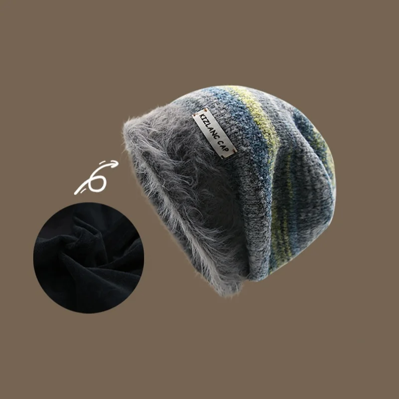 New Meilade Winter Fleece-Lined Knitted Slouchy Hat For Women Slim Face Cold-Resistant Warm Retro Woolen Hat For Men