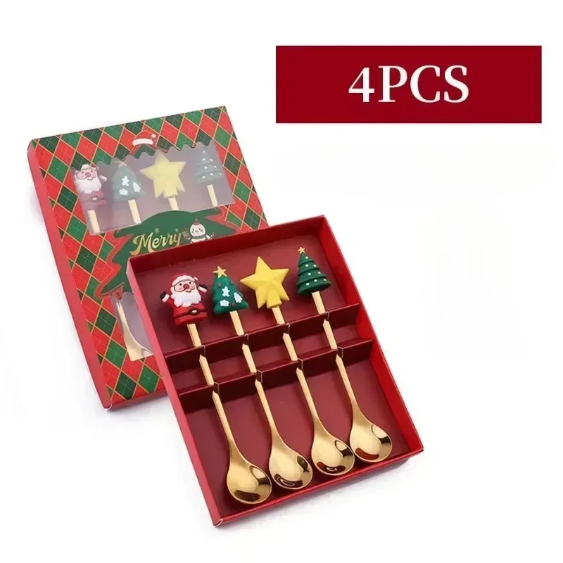 Stainless Steel Christmas Spoon Set Holiday Party Gift Ins Doll Spoon Fork Set Christmas Creative Gift for Friends and Family