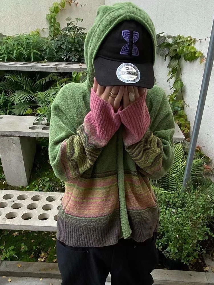 KikoKostadinov KEOY Zipper ort Knitted Wool Sweater Hooded Cardigan ex Spring Autumn Faion Stripe Pattern Youthful