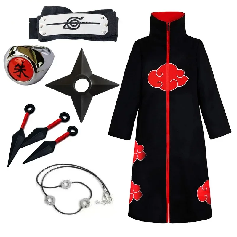 

Костюм для косплея аниме Акацуки, плащ, длинный черный унисекс халат, накидки для взрослых и детей, костюм на Хэллоуин, повязка на голову, кольцо, ожерелье, одежда