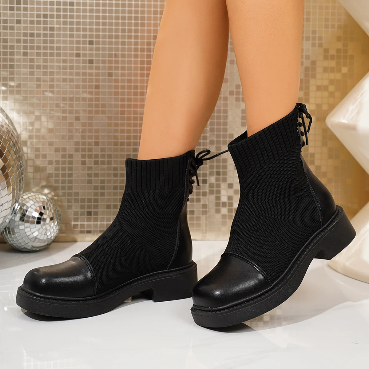 Aphixta Breathable Round Toe Woman Ankle Boots Shoes Autumn Winter Stretch Fabric Modern Boot Back Lace Up Ladies Shoes