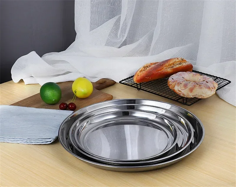Thick Stainless Steel Plate round Large Disc Flat Bottom Shallow tray Extra Large Fish Head fruite meat Plate Restaurant Hotel