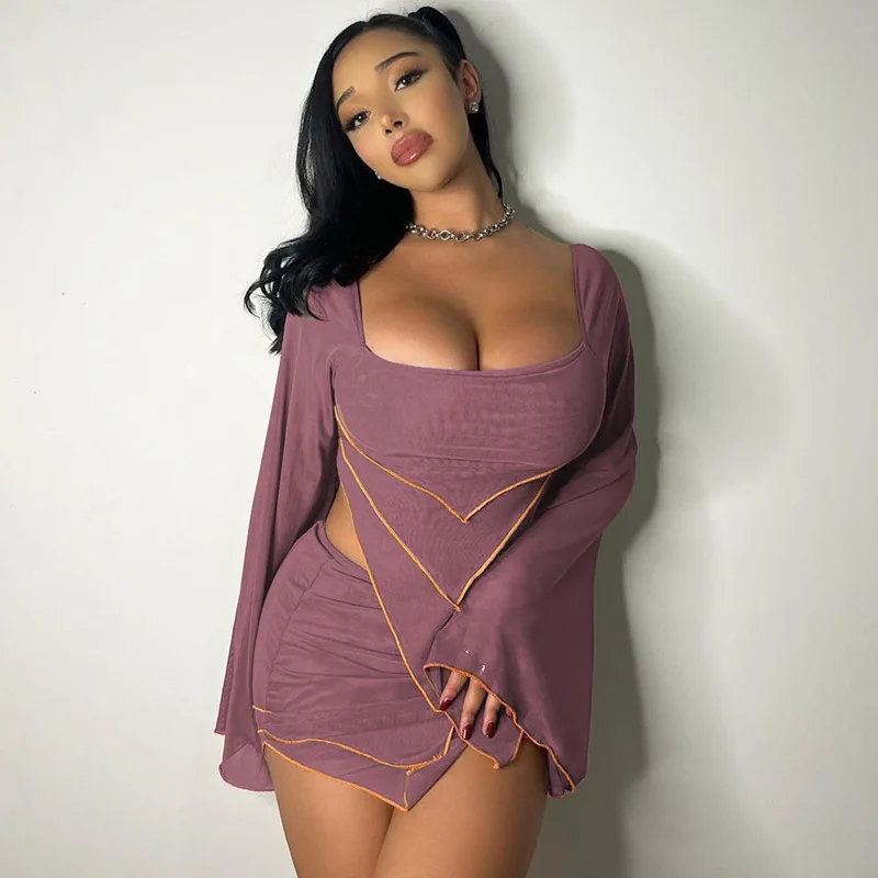 Long Sleeve Top And Skirt Two Piece Set Women Outfit Sexy Mini Skirt Sets Festival Outfit Ruffles Asymmetrical Matching Set 2023