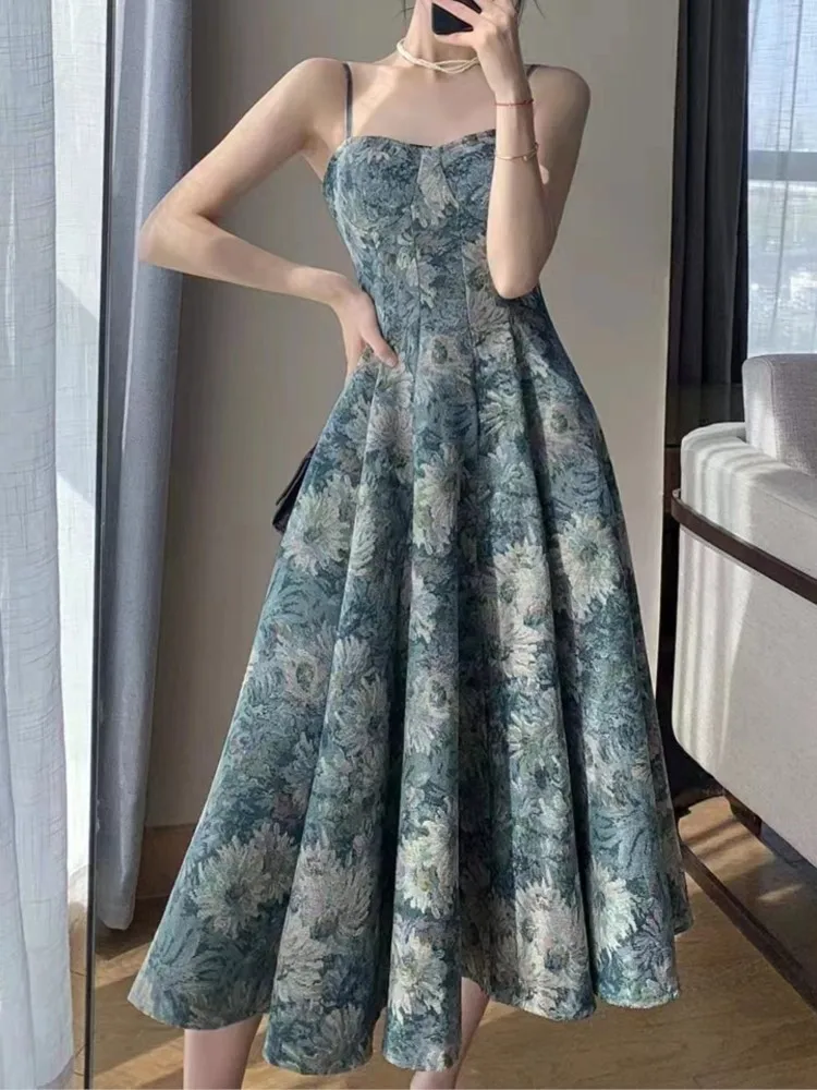 

Elegant Spaghetti Strap Floral Summer Dress Women Casual Sleeveless Midi Party Beach Robe Female Chic Vintage Maxi Vestidos New