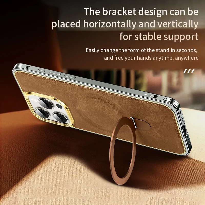Leather Phone Case Metal Frame Shell Magnetic Stand Phone Cover For Iphone 14 15 16 Pro Max iphone case phone case magnetic case magsafe case phone protector cover leather phone case
