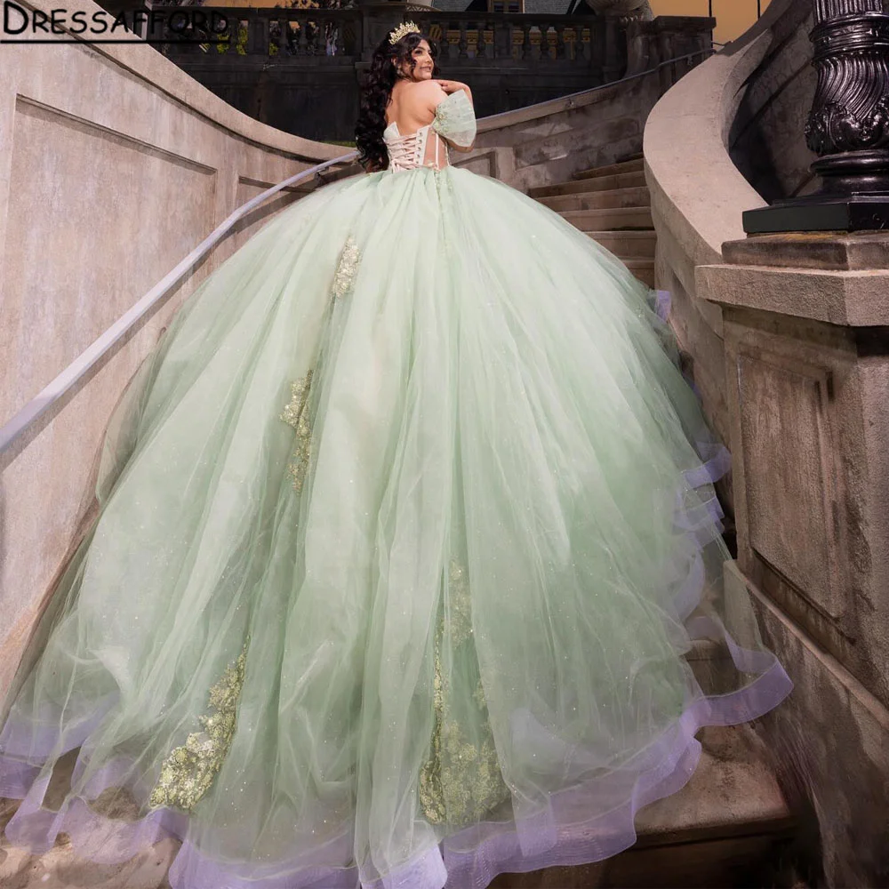 

Sparkly Lace Pearly Quinceanera Dresses Puffy Beaded Sweet 16 Ball Gown Tulle 3D Floral Off Shoulder Prom Gown