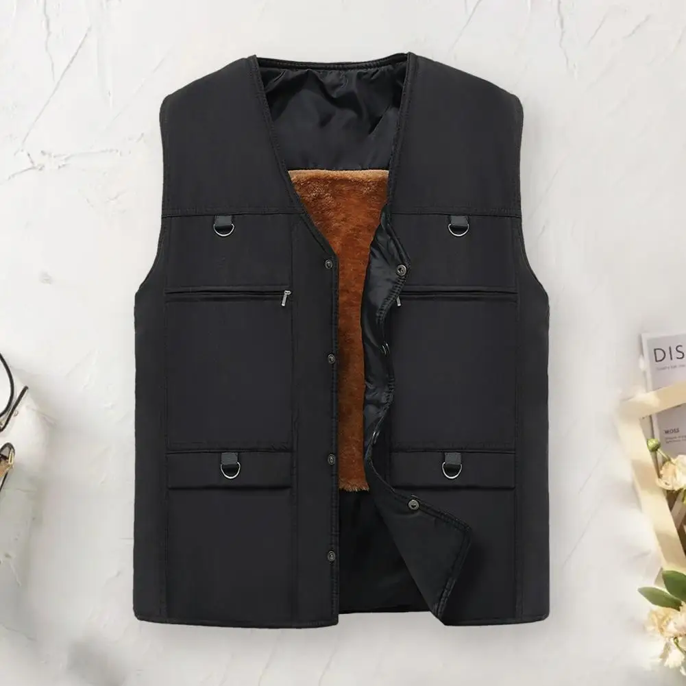 Men Vest Mid-aged Father Fishing Waistcoat Thick Plush V Neck Vest with Multi Pockets for Men's Winter Coat Men Winter Coat