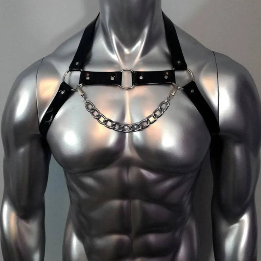 

Gay Rave Harness Men BDSM Pu Leather Studded Decor Harness Adjustable Sex Bondage Fetish Clothing Erotic Costume Chest Belt