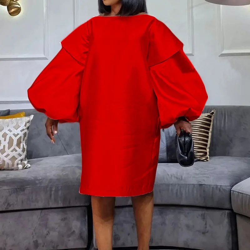Spring Women Plus Size Round Neck Solid Color A-line Skirt Fashion Puff Long Sleeve Loose Waist Zipper Casual Knee Length Dress