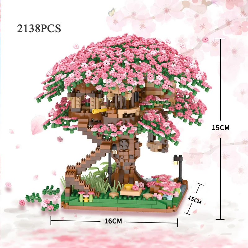 

2138pcs Pink Cherry Blossom Model Building Block Miniature Cherry Tree House Assembly Brick Children's Christmas Gift Girl Toy