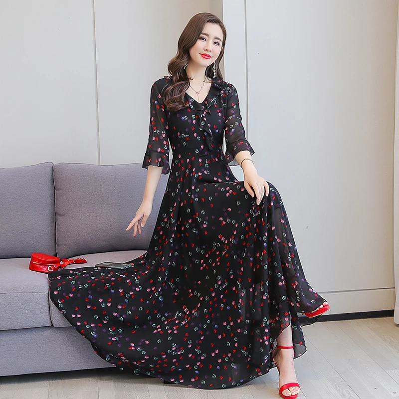 2022 Black Chiffon Print Boho Beach Maxi Sundress Summer Casual V-neck Short Sleeve Dresses Women Bodycon Nigth Party Vestidos |