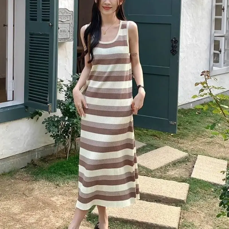 

Women Sexy Sleeveless Dress Ribbed Knitted 2023 Summer Fashion Streetwear Stripes Vestidos Female Casual Loose Long Dresses