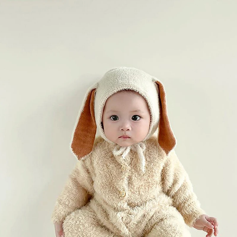 Cute Baby Bonnet Hat Fuzzy Bunny Ears Hat Infant Earflap Beanie Cap with Chin Straps for Toddler Boys Girls 5-24Months