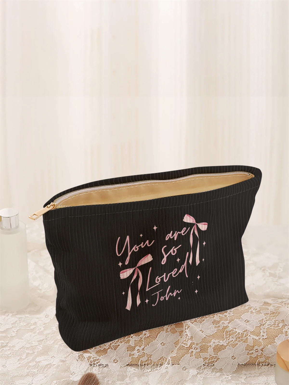 Butterfly pattern printed corduroy makeup bag, lightweight zipper makeup storage box, multifunctional bag with lining