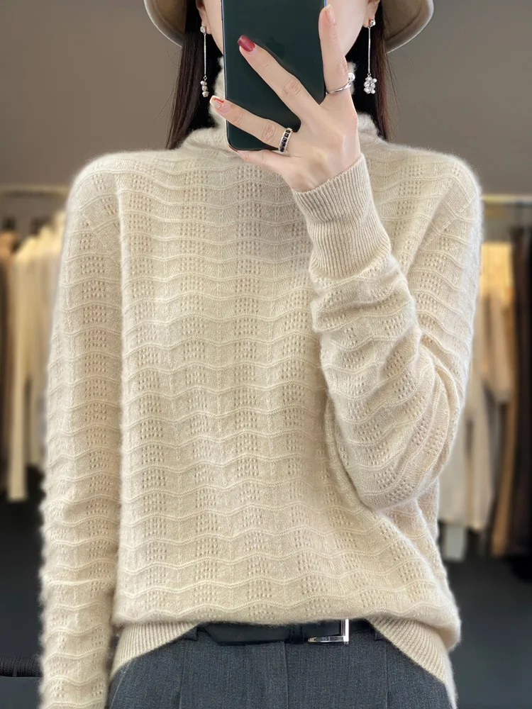 

100% Merino Wool Women Knitted Hollow Out Striped Sweater Turtleneck Long Sleeve Pullover Autumn Clothing Jumper Top