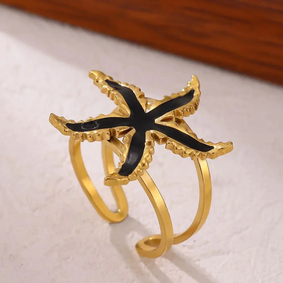 Black Enamel Starfish Rings / Stainless Steel Starfish Adjustable Ring