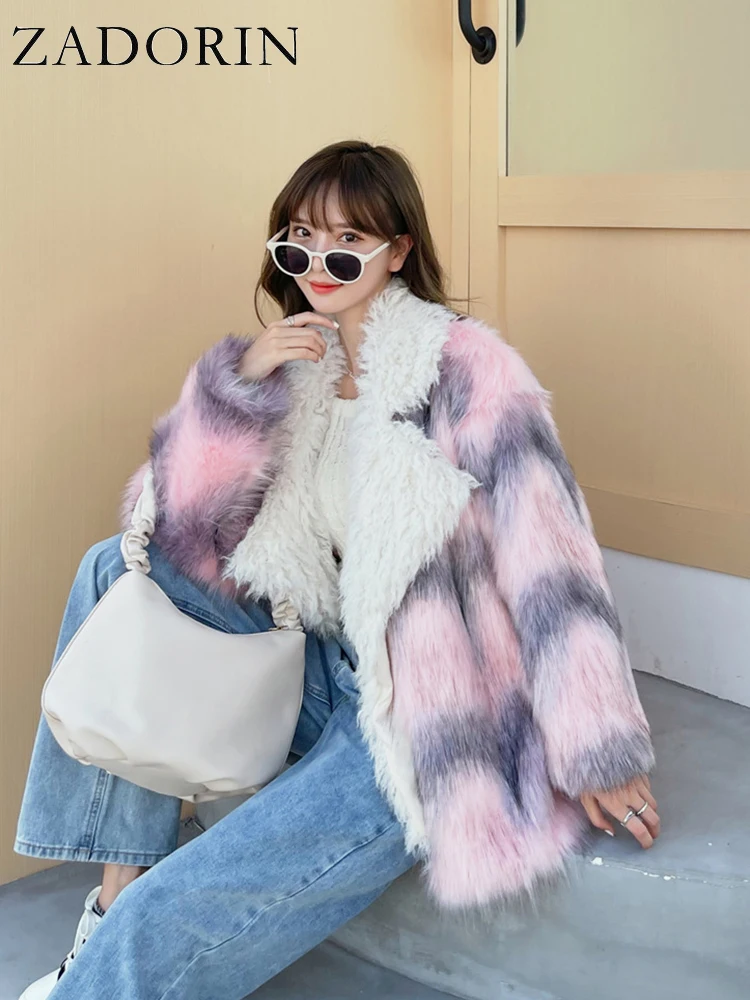 

ZADORIN High Quality Winter Fur Coat Women Lapel Mid Long Pink Faux Fur Jacket Patchwork Lamb Fur Collar Jackets for Women Tops