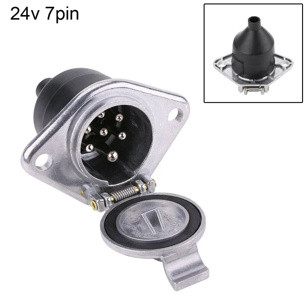 7 Pin Trailer Connector 1pcs 24V Black+Silver Brass Pins Plastic 7-Pin Trailer Socket For Car Semi Truck