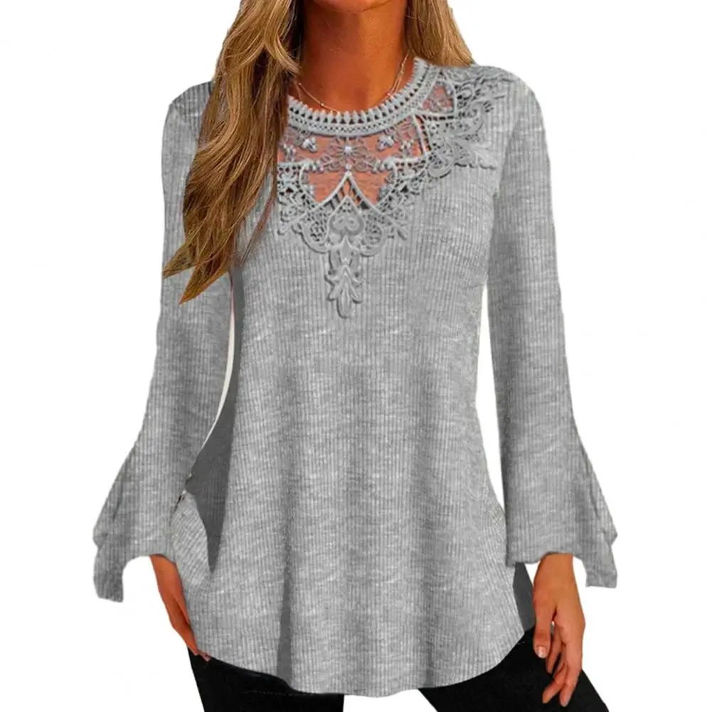 

Hollow Out Women Pullover Chic Women's Tops for Fall Spring Soft Breathable Long Sleeve T-shirts with Lace Patchwork Horn